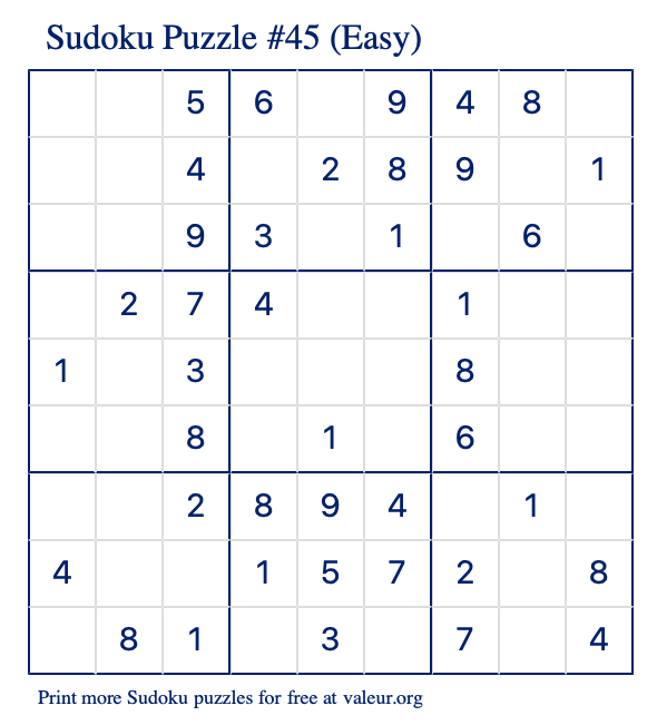 Free Printable Easy Sudoku Puzzle number 45