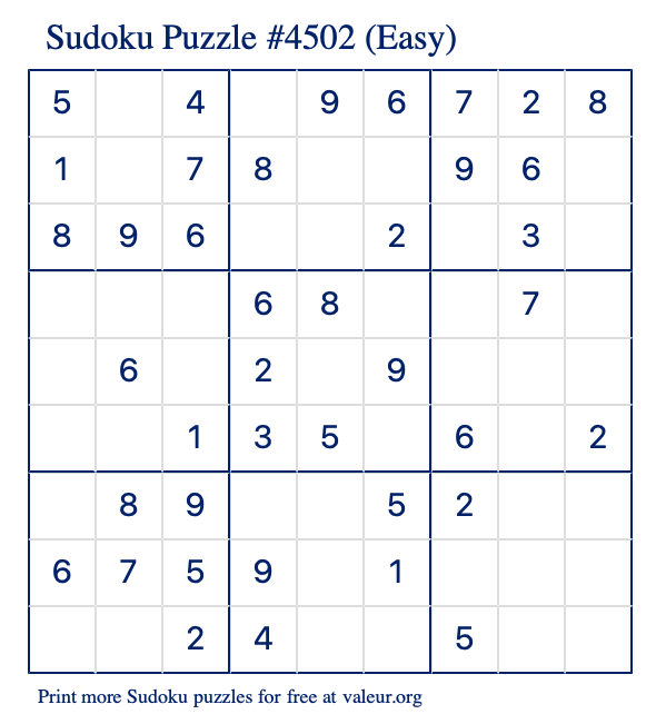 Free Printable Easy Sudoku Puzzle number 4502