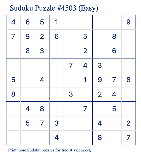 Free Printable Easy Sudoku Puzzle number 4503