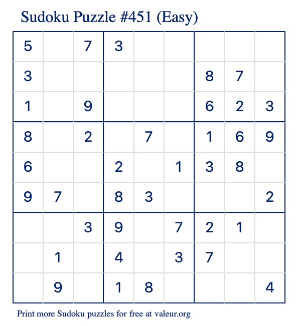 Free Printable Easy Sudoku Puzzle number 451