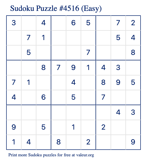 Free Printable Easy Sudoku Puzzle number 4516