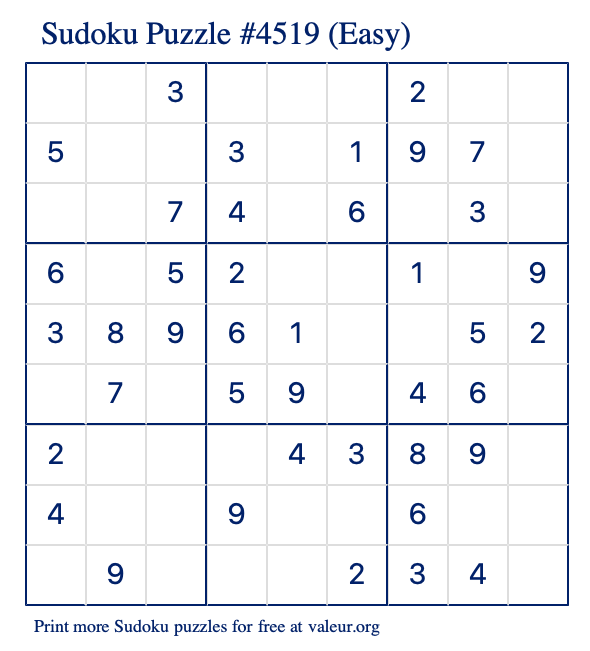 Free Printable Easy Sudoku Puzzle number 4519