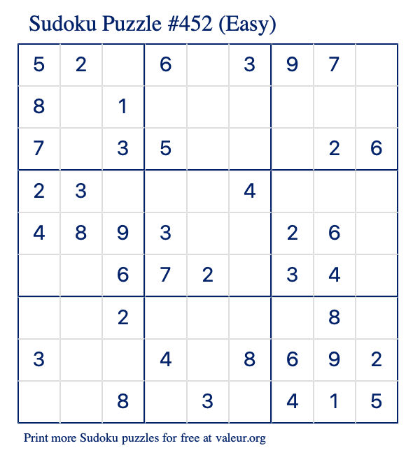 Free Printable Easy Sudoku Puzzle number 452