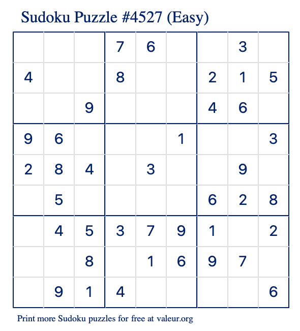 Free Printable Easy Sudoku Puzzle number 4527