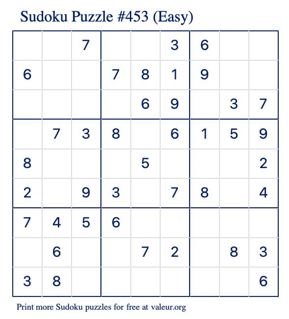 Free Printable Easy Sudoku Puzzle number 453