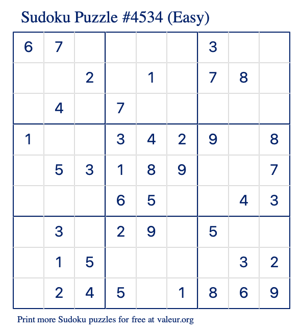Free Printable Easy Sudoku Puzzle number 4534