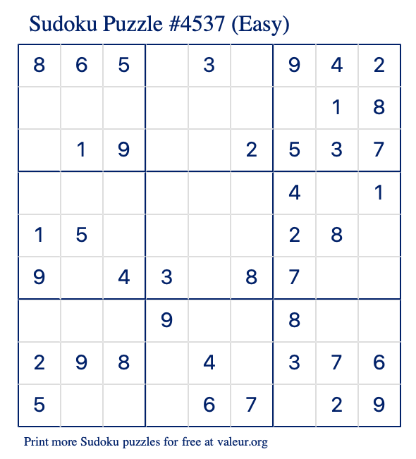 Free Printable Easy Sudoku Puzzle number 4537