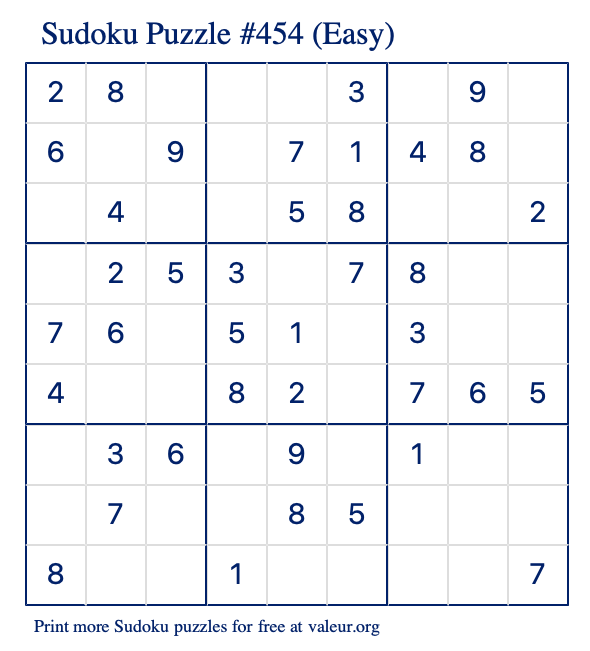 Free Printable Easy Sudoku Puzzle number 454