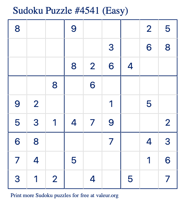 Free Printable Easy Sudoku Puzzle number 4541