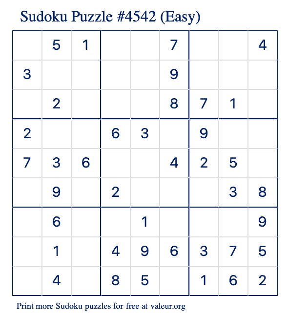 Free Printable Easy Sudoku Puzzle number 4542