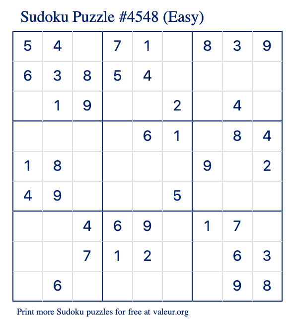 Free Printable Easy Sudoku Puzzle number 4548
