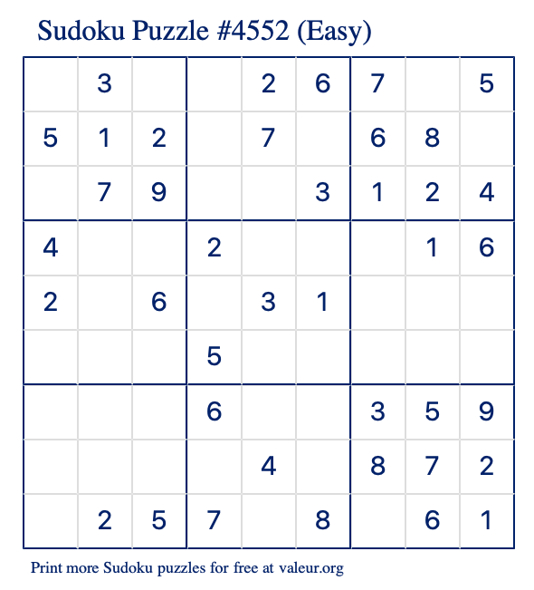 Free Printable Easy Sudoku Puzzle number 4552