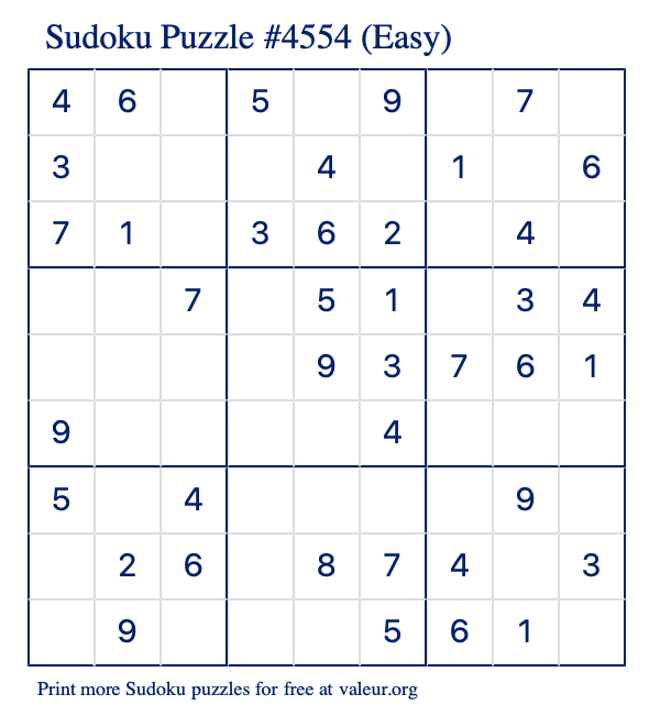 Free Printable Easy Sudoku Puzzle number 4554