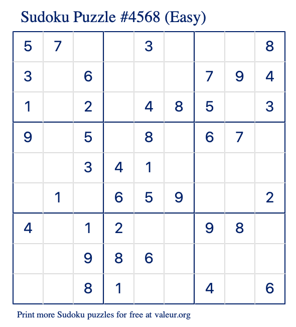 Free Printable Easy Sudoku Puzzle number 4568