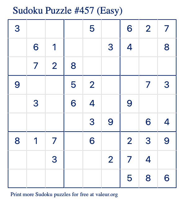 Free Printable Easy Sudoku Puzzle number 457