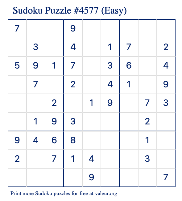 Free Printable Easy Sudoku Puzzle number 4577