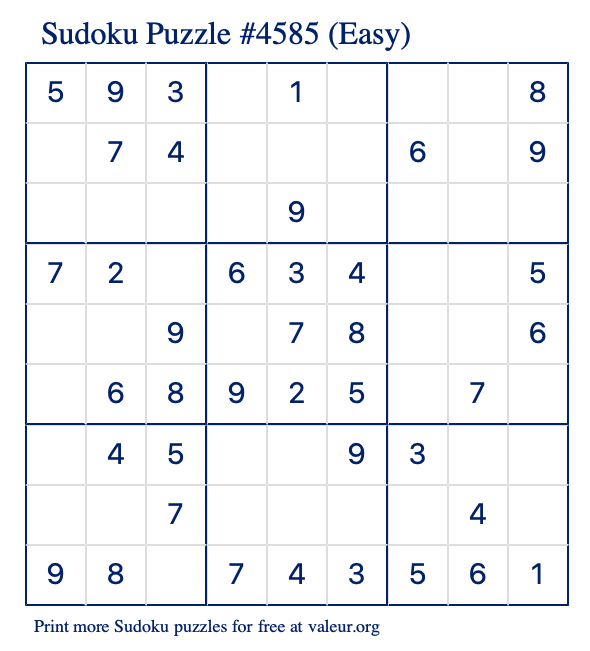 Free Printable Easy Sudoku Puzzle number 4585