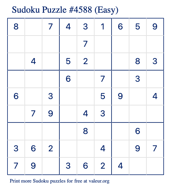 Free Printable Easy Sudoku Puzzle number 4588