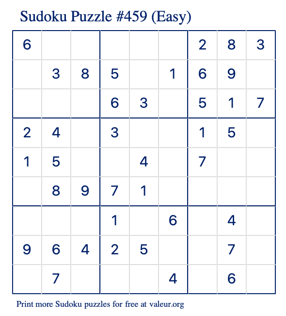 Jogo Sudoku Fácil Com Resposta Para Imprimir. Jogo Nº 459.