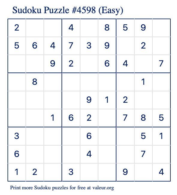 Free Printable Easy Sudoku Puzzle number 4598