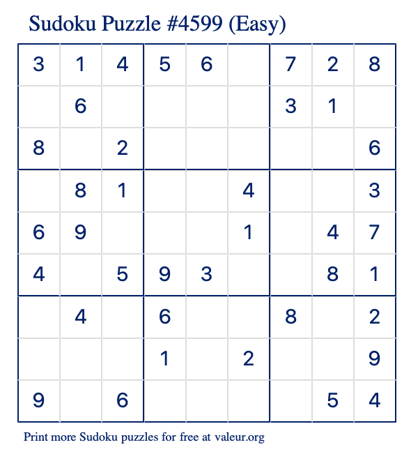 Free Printable Easy Sudoku Puzzle number 4599