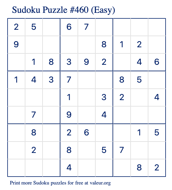 Free Printable Easy Sudoku Puzzle number 460
