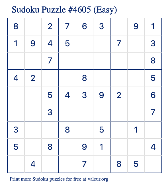 Free Printable Easy Sudoku Puzzle number 4605