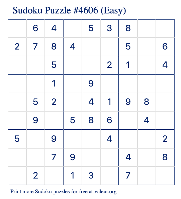 Free Printable Easy Sudoku Puzzle number 4606