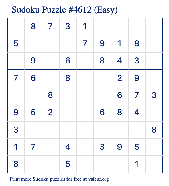 Free Printable Easy Sudoku Puzzle number 4612