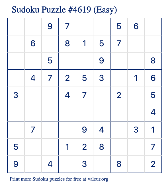 Free Printable Easy Sudoku Puzzle number 4619