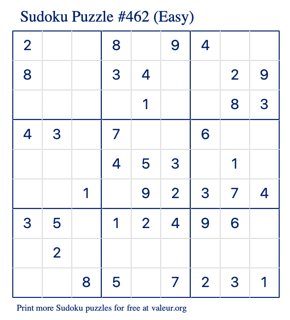 Free Printable Easy Sudoku Puzzle number 462