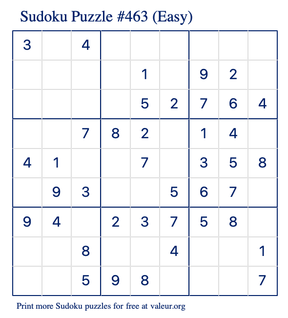 Free Printable Easy Sudoku Puzzle number 463