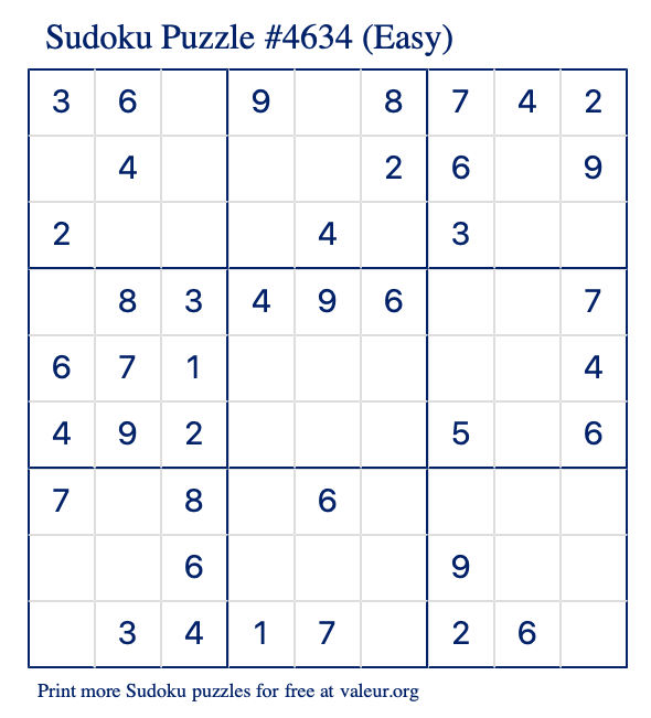 Free Printable Easy Sudoku Puzzle number 4634