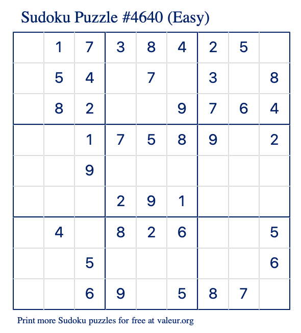 Free Printable Easy Sudoku Puzzle number 4640