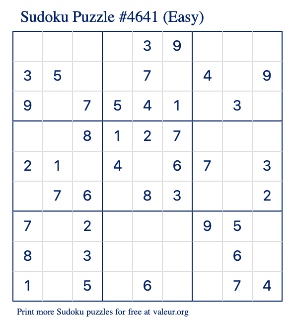Free Printable Easy Sudoku Puzzle number 4641