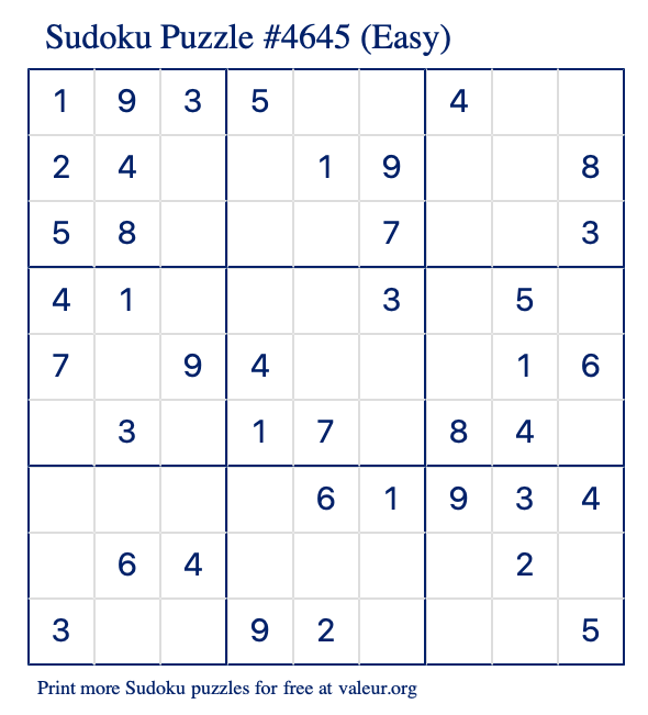 Free Printable Easy Sudoku Puzzle number 4645