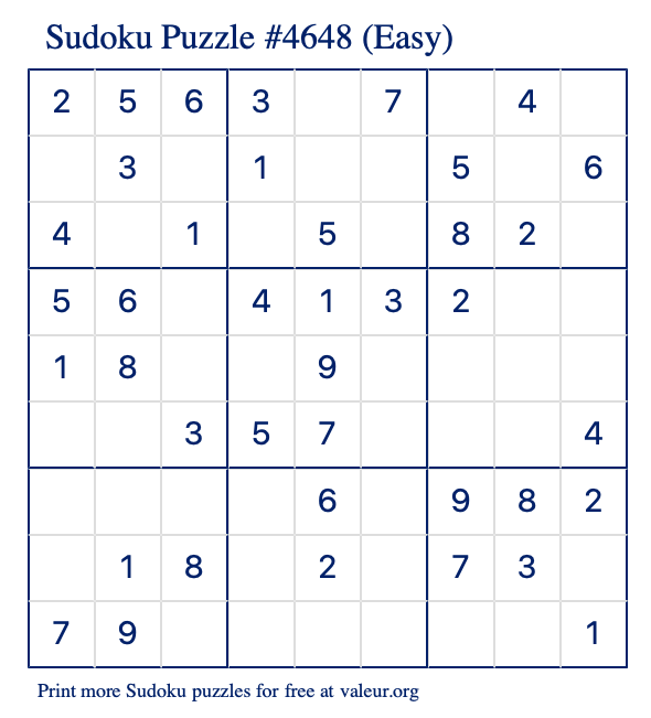 Free Printable Easy Sudoku Puzzle number 4648