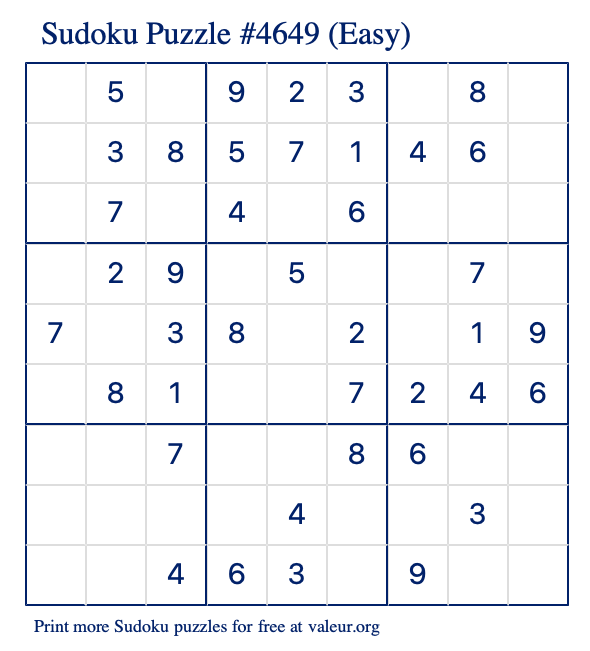 Free Printable Easy Sudoku Puzzle number 4649