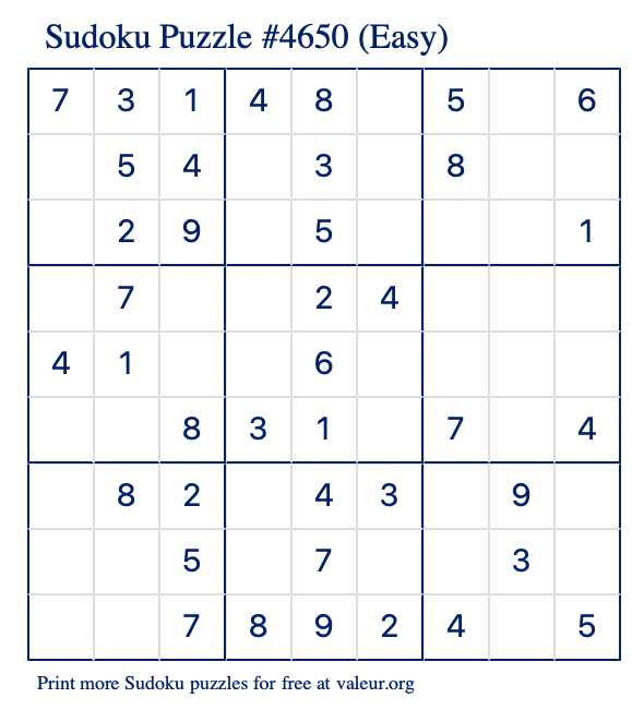 Free Printable Easy Sudoku Puzzle number 4650