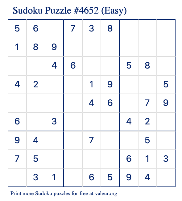 Free Printable Easy Sudoku Puzzle number 4652