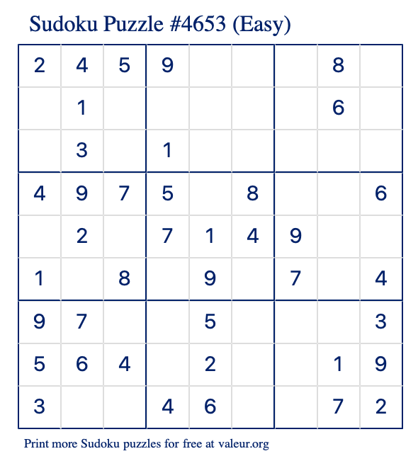 Free Printable Easy Sudoku Puzzle number 4653