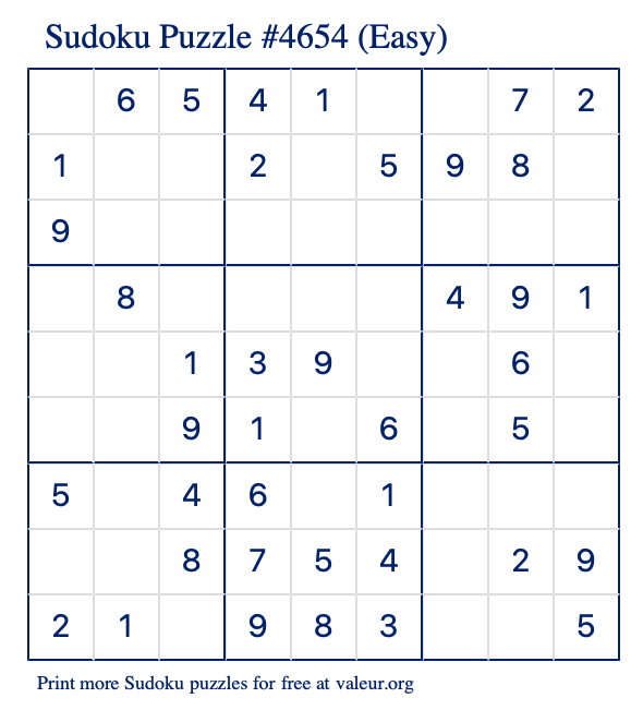 Free Printable Easy Sudoku Puzzle number 4654
