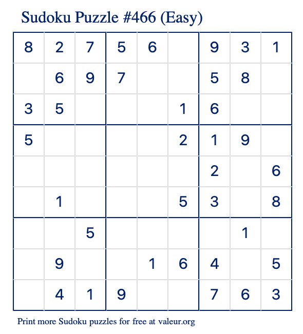 Free Printable Easy Sudoku Puzzle number 466