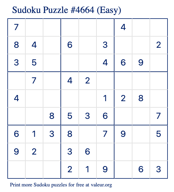 Free Printable Easy Sudoku Puzzle number 4664