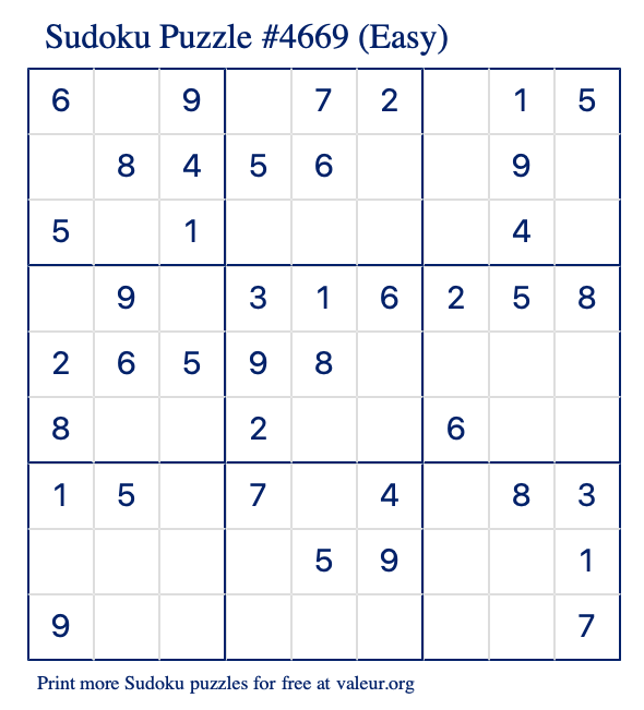 Free Printable Easy Sudoku Puzzle number 4669