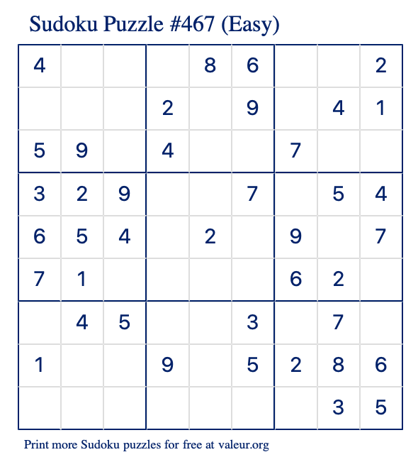 Free Printable Easy Sudoku Puzzle number 467