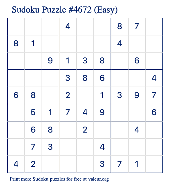 Free Printable Easy Sudoku Puzzle number 4672