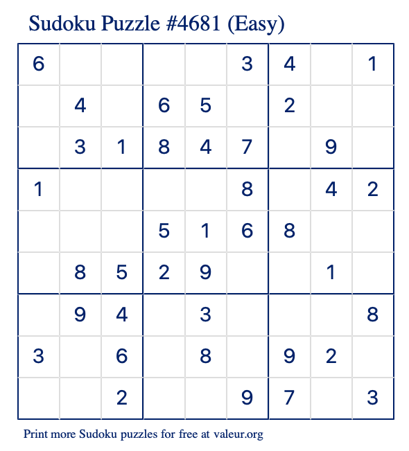 Free Printable Easy Sudoku Puzzle number 4681