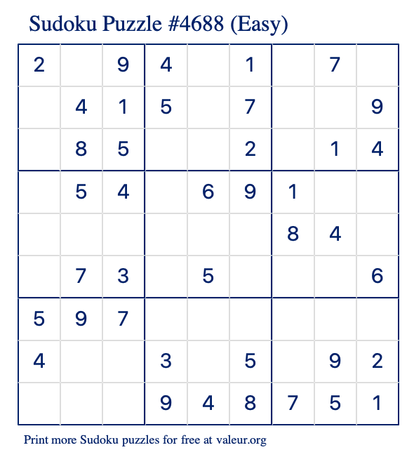 Free Printable Easy Sudoku Puzzle number 4688
