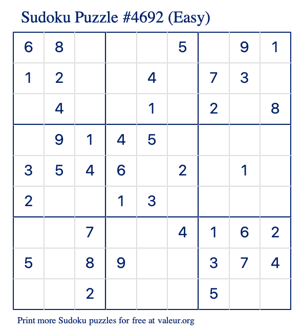 Free Printable Easy Sudoku Puzzle number 4692